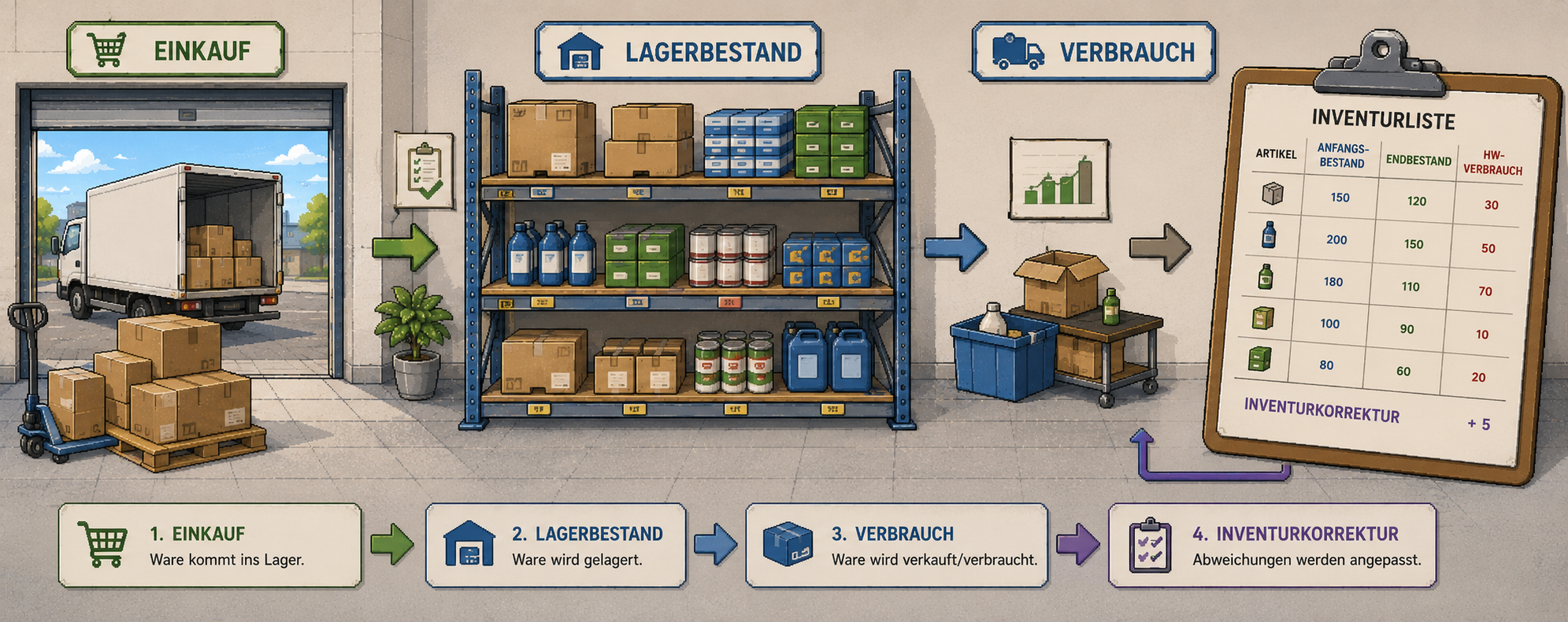 Headerbild zu Warenbestand, HW-Verbrauch und Inventur